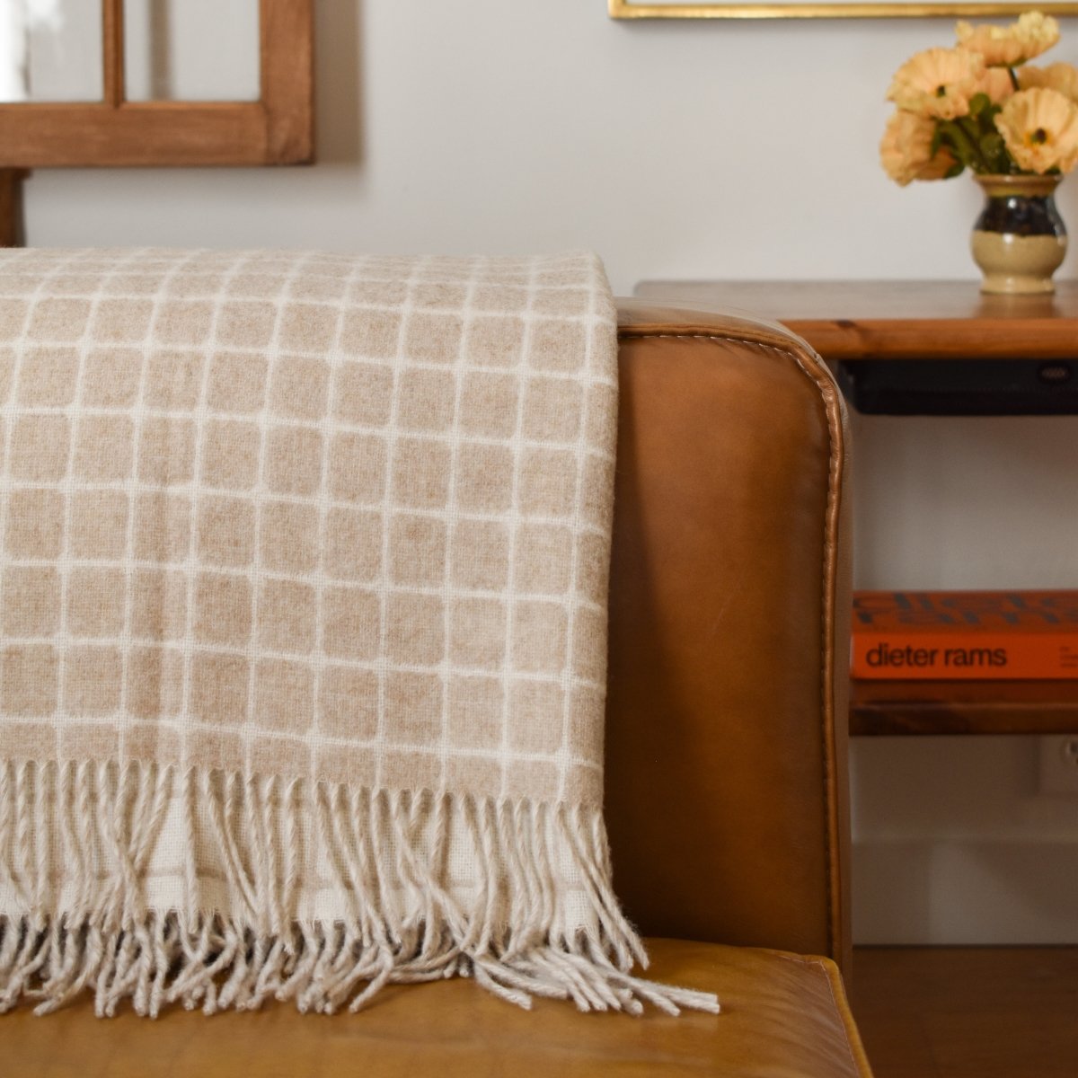 Merino Lambswool Throw Blanket - Athens Check - Beige - SpaceHavenHome