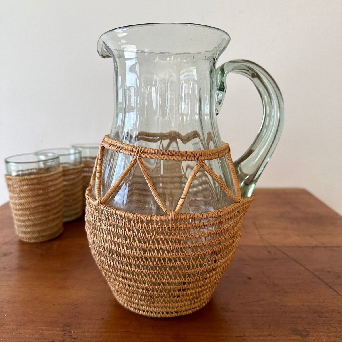 Wicker and Glass Juice Pitcher and Glass Set